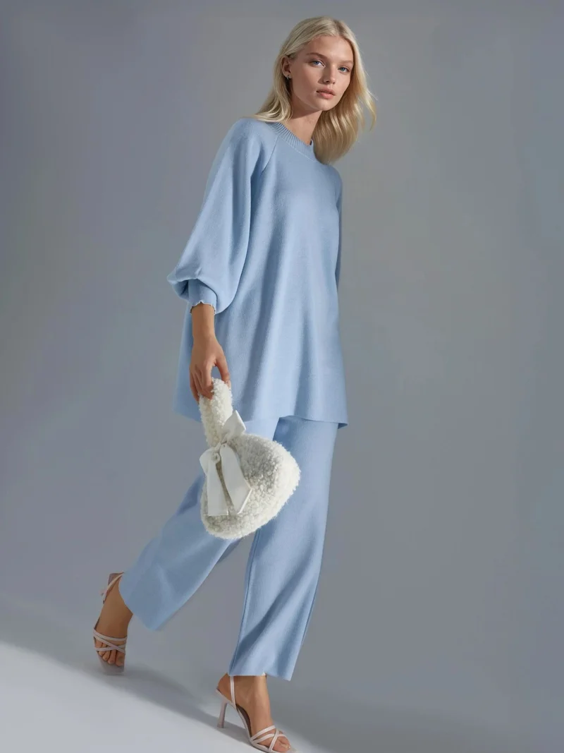 My Fashion Baby Blue MY FASHION Loose Fit Sweater & Pants Knit Co-ord Set for Women | Best Price UAE